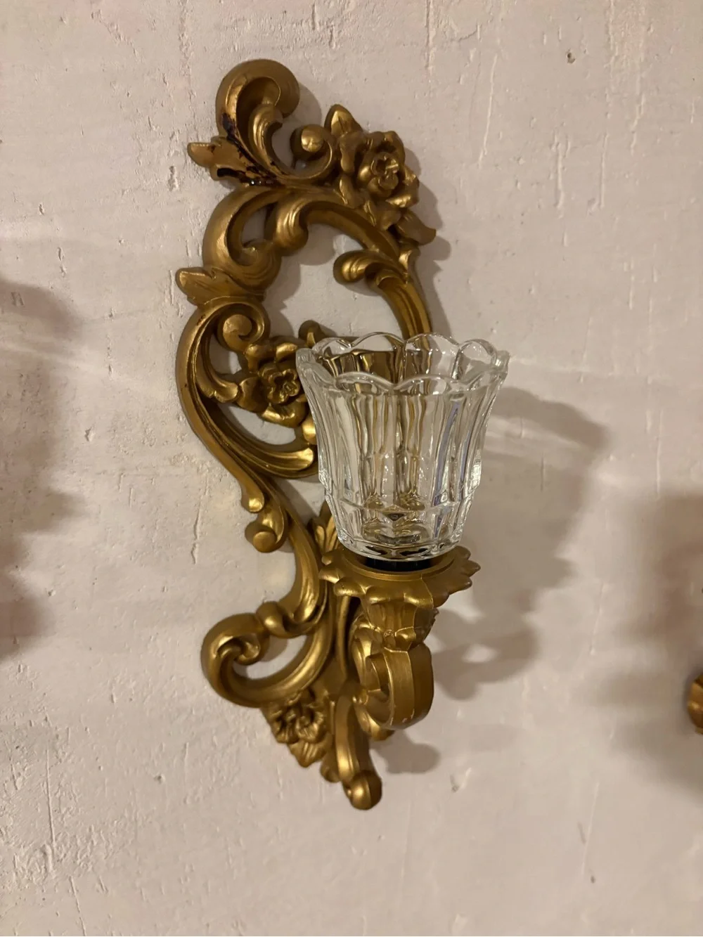 Pair of Gold Ornate Wall Lantern Sconces with Clear Glass Cups